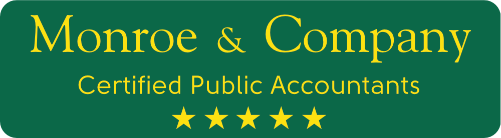 Green sign with yellow text that reads, "Monroe & Company Certified Public Accountants," followed by five stars.